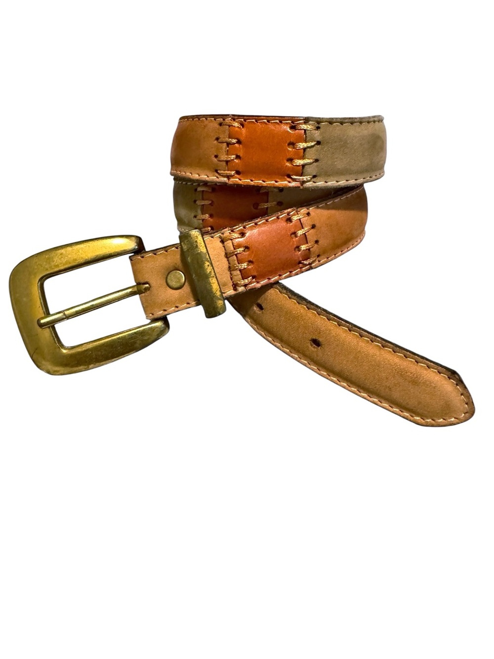 Fossil Nubuck Leather Patchwork Skinny Belt VTG Large 30” Earth Tones Boho